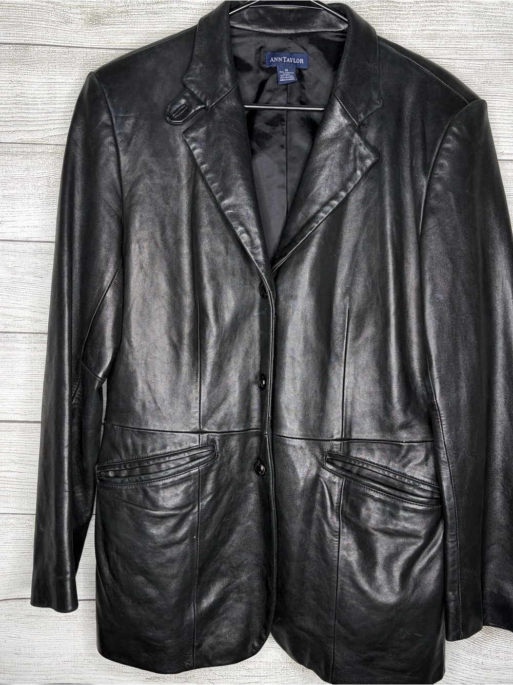 Ann Taylor Black Leather Blazer Jacket with Notch Lapel
